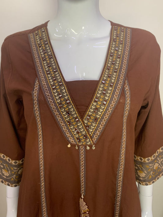 Brown Pure Cotton Anarkali Suit with Patchwork & Coordinated Cotton Dupatta