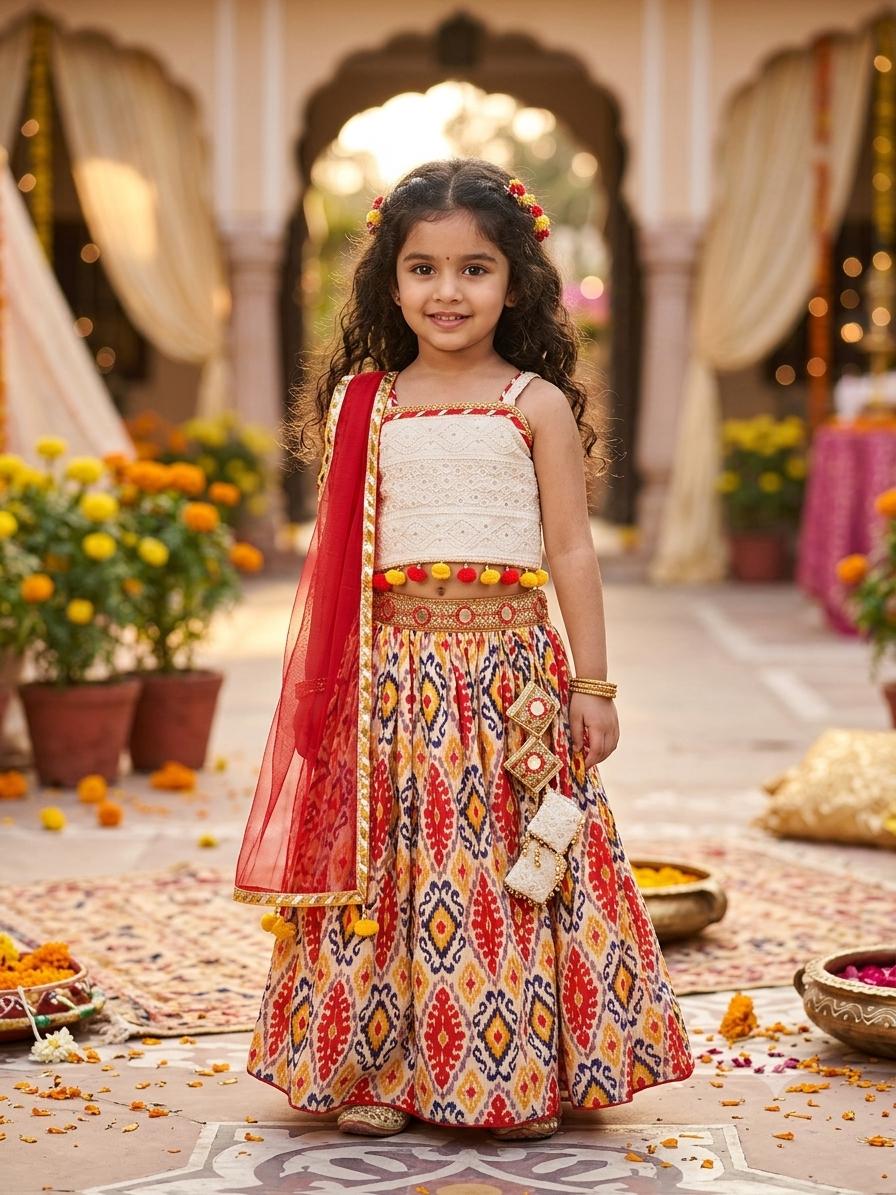 Ajrakh Print Chikankari Lehenga Choli for Girls with Ajrakh Printed Lehenga & Net Dupatta