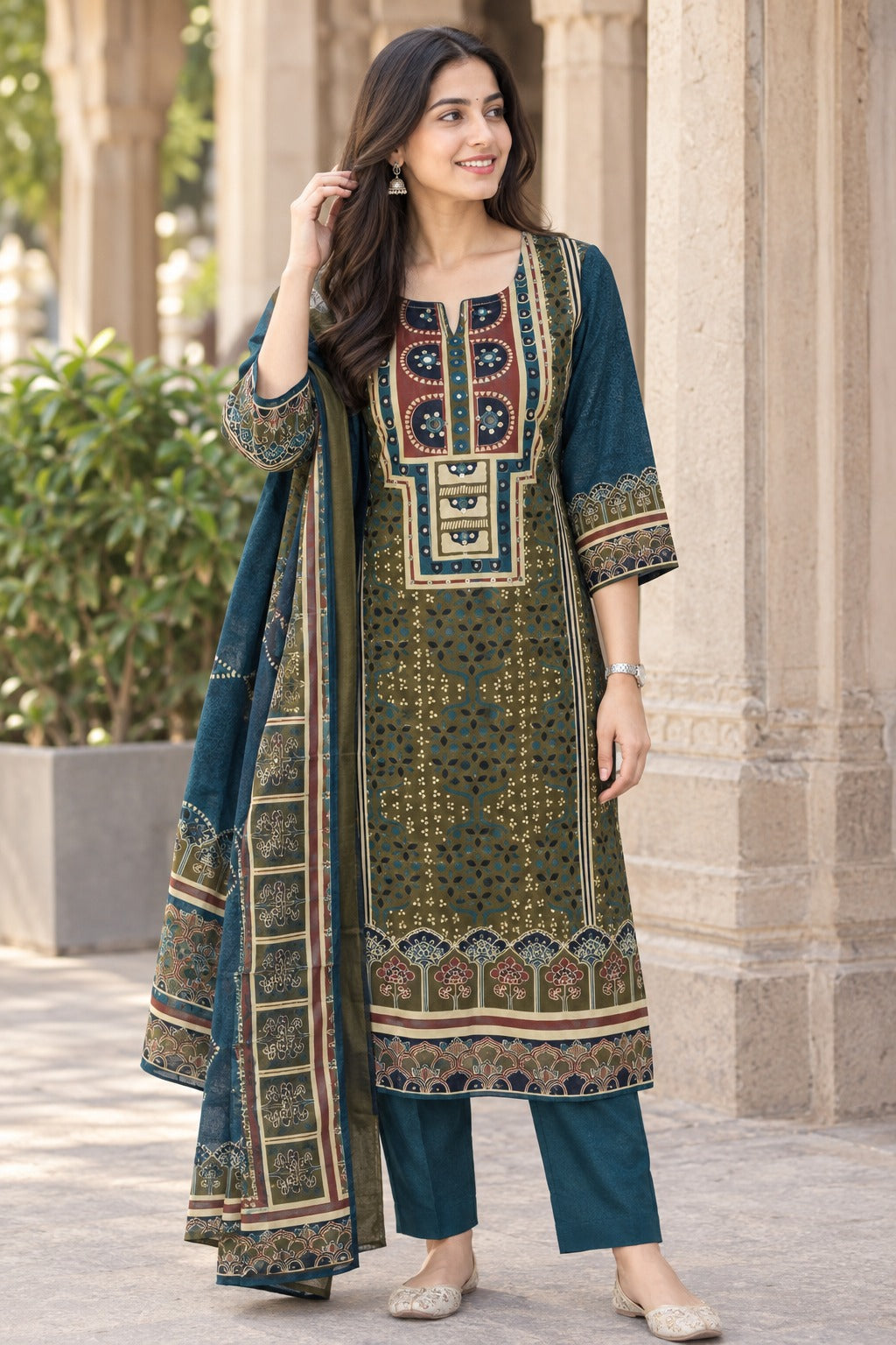 Blue Pure Cotton A-Line Suit With Mirror Work & Dupatta (Design.No-12199)