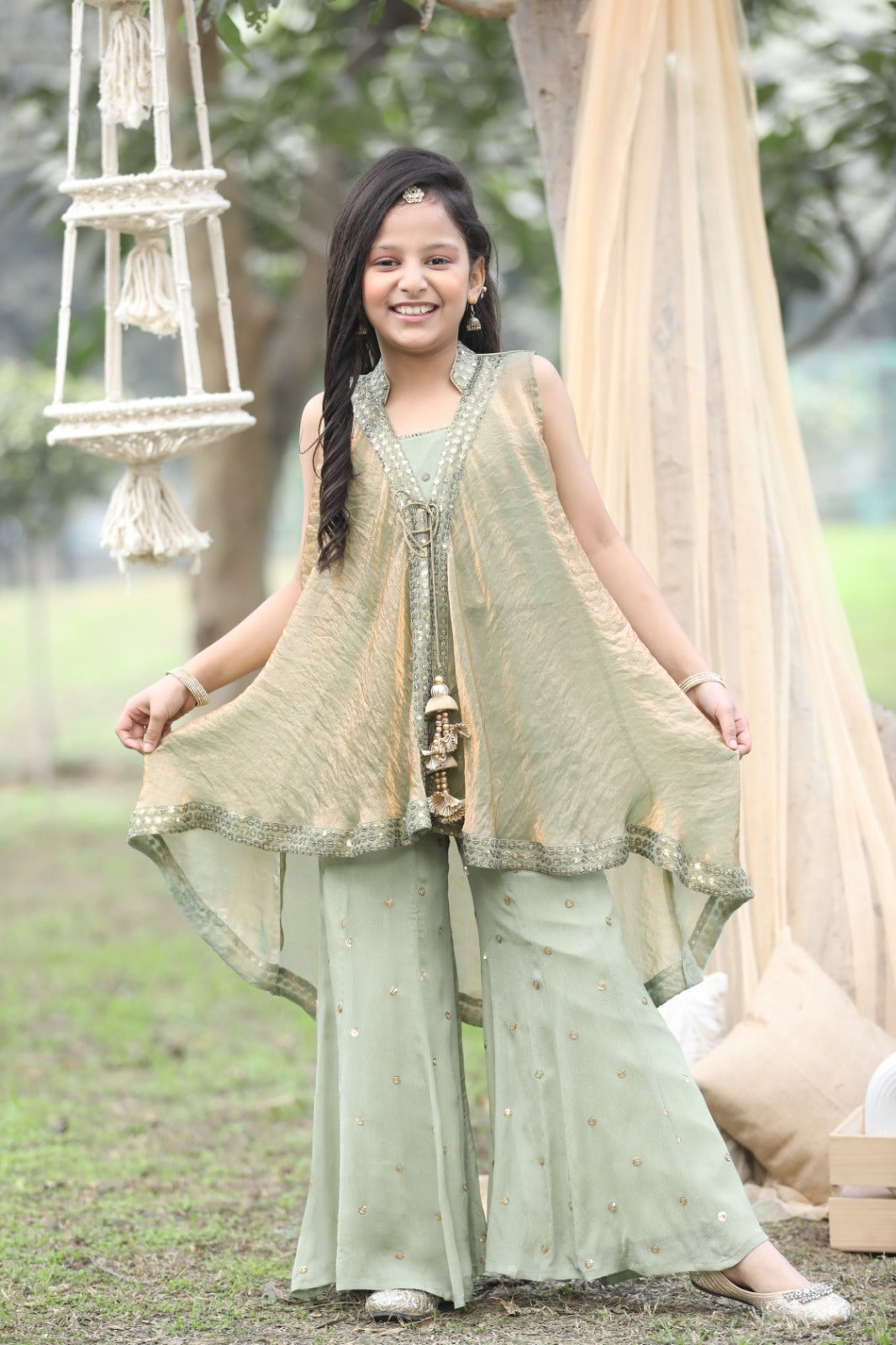 Pista green Indo-Western Ethnic Crop Top with Jacket , Sharara & Dupatta for Girls – Top Seller