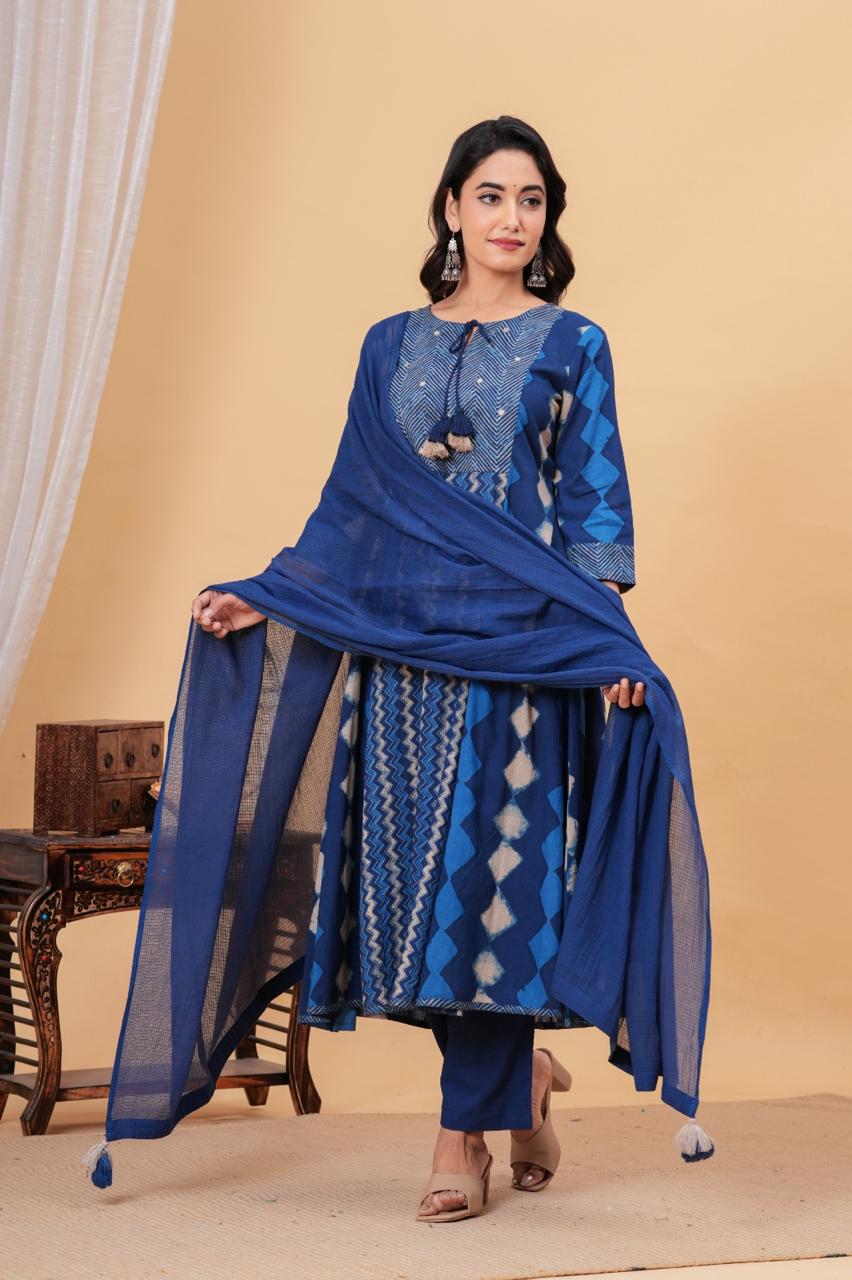 Blue Ajrak Print Cotton Suit with Dupatta Set – Traditional Handblock Style | Label Anju Kumar