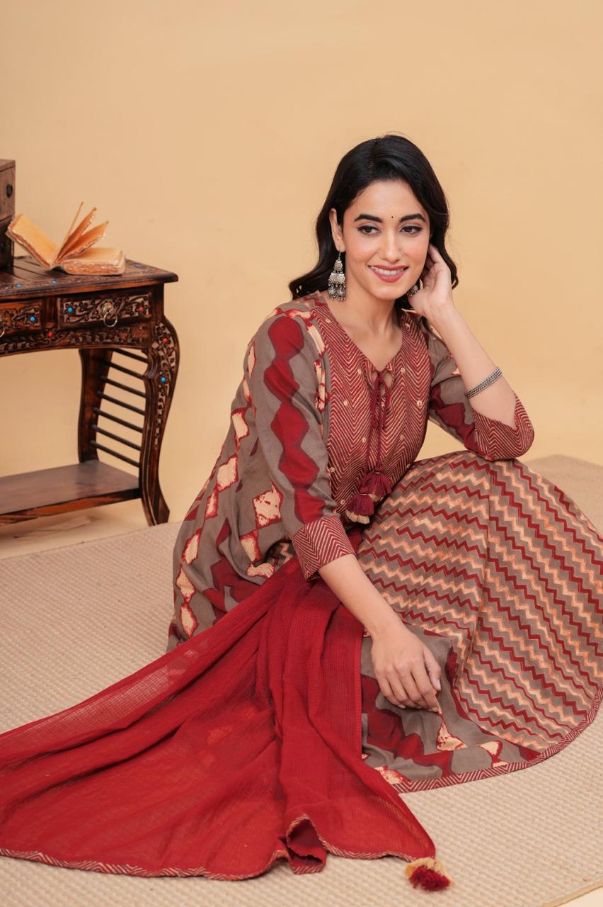 Mehroon Ajrak Print Cotton Suit with Dupatta Set – Traditional Handblock Elegance | Label Anju Kumar