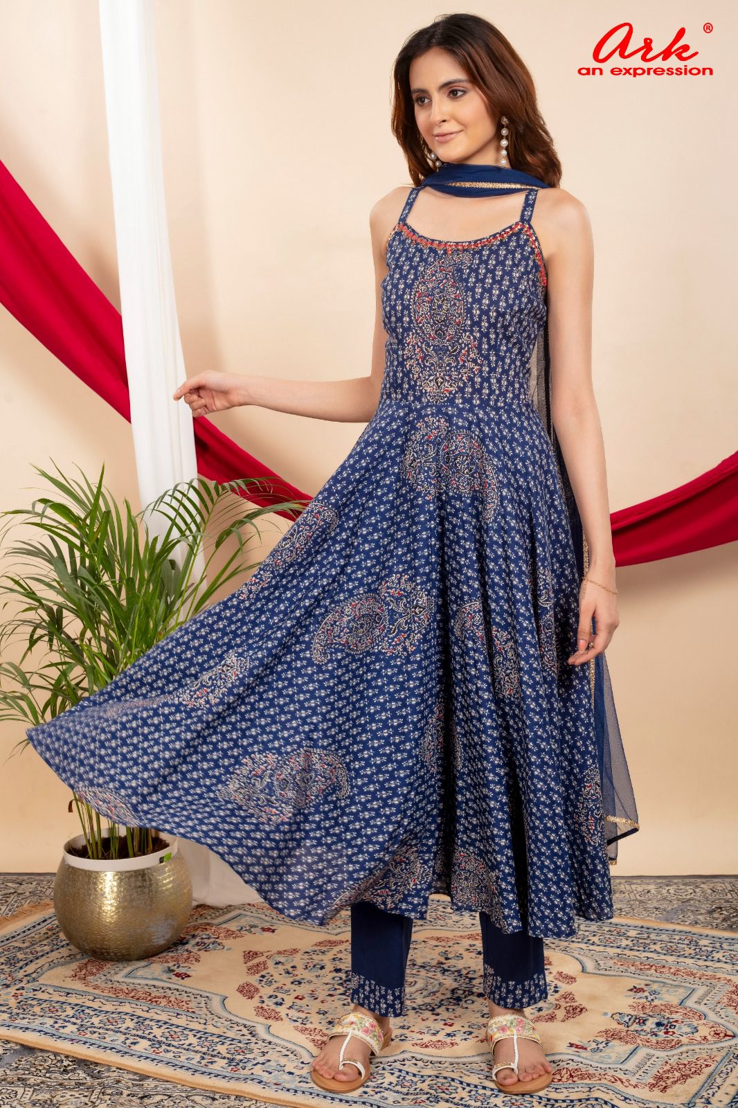 Blue Cotton Spaghetti Style Anarkali Suit Set with Mirror Embroidery & Net Dupatta – Women’s Ethnic Wear