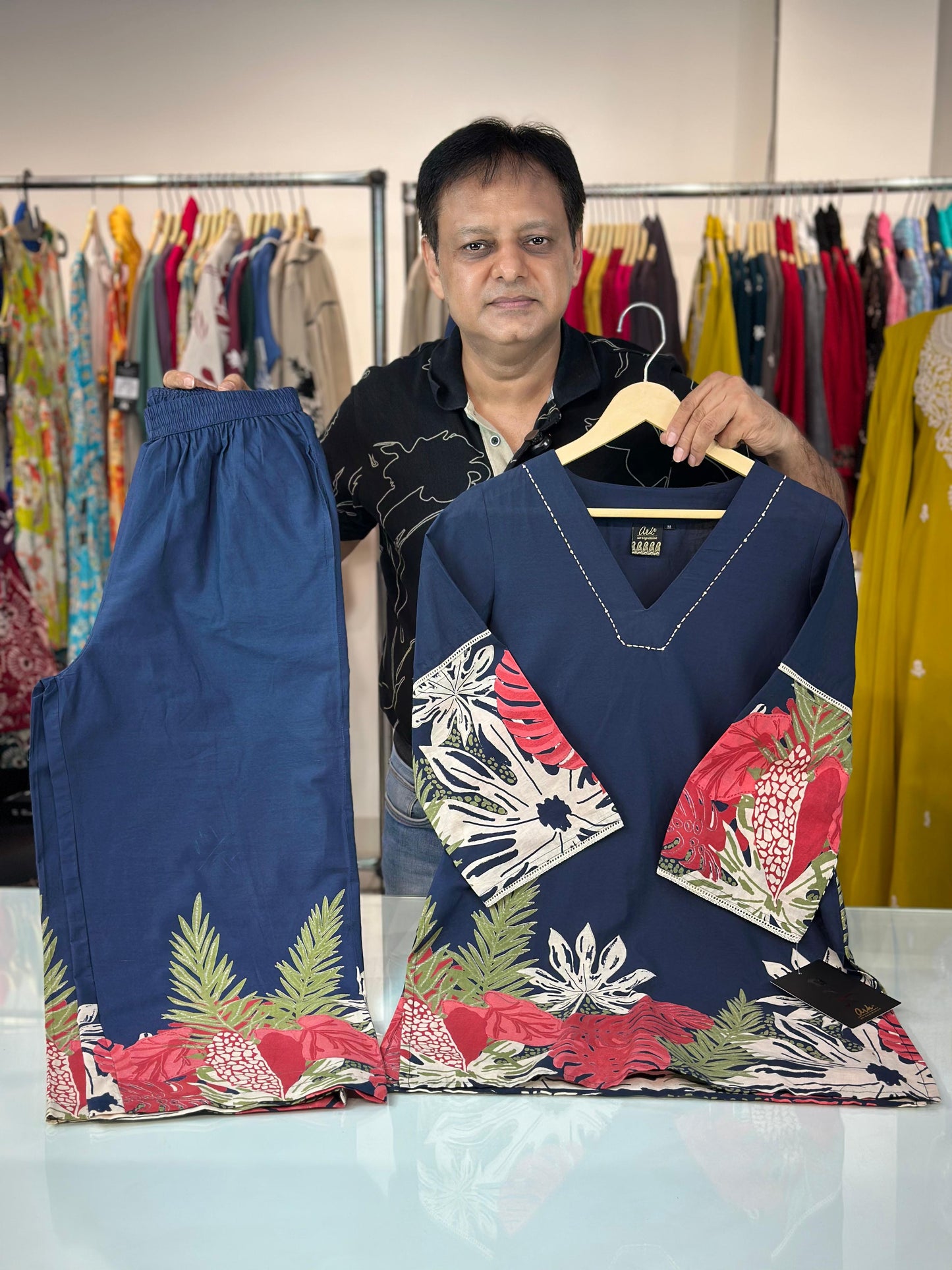 Navy Blue Pure Cotton Coord Set for Women | V-Neck Kurti with Dori Work | Ethnic Wear Set | M to 3XL