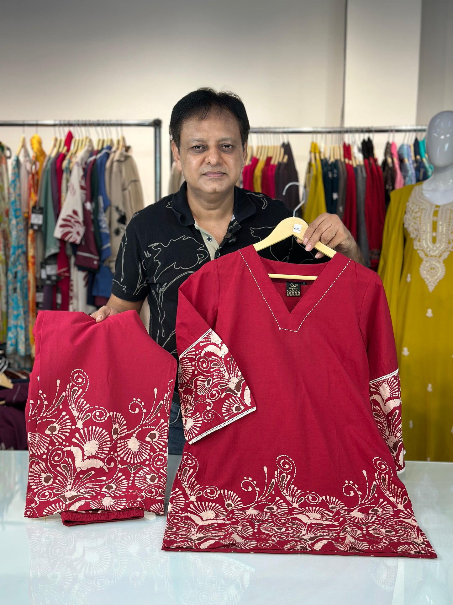 Red Pure Cotton Coord Set for Women | V-Neck Kurti with Dori Work | Ethnic Wear Set | M to 3XL