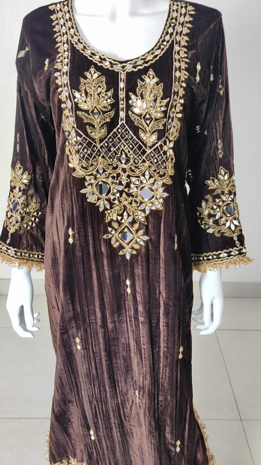 Brown Velvet Long Kaftaan Dress with Hand Mirror Work – Women’s Party & Winter Wear | Label Anju Kumar