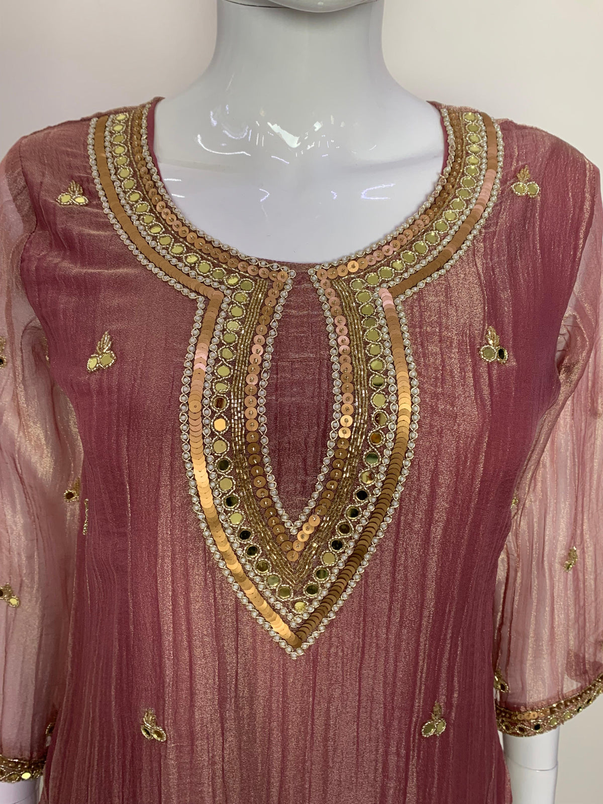 Pinkish/Light Wine Salsa Tissue Semi Formal Suit Dupatta Set for Women | Handwork Neck