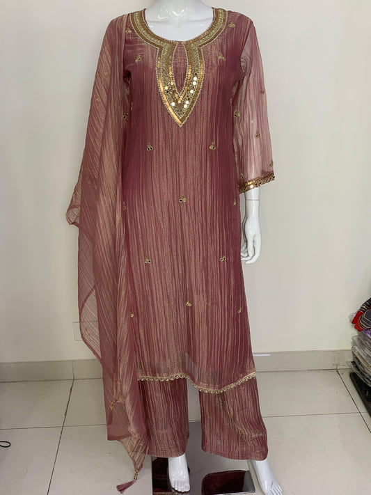 Pinkish/Light Wine Salsa Tissue Semi Formal Suit Dupatta Set for Women | Handwork Neck