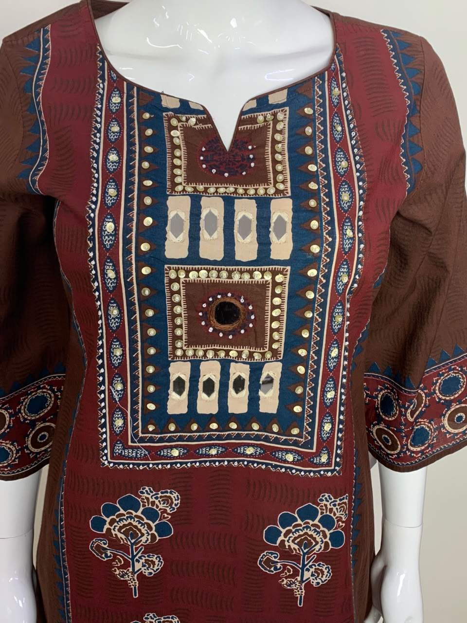 Brown Pure Cotton Pakistani-Style A-Line Suit with Mirror Work