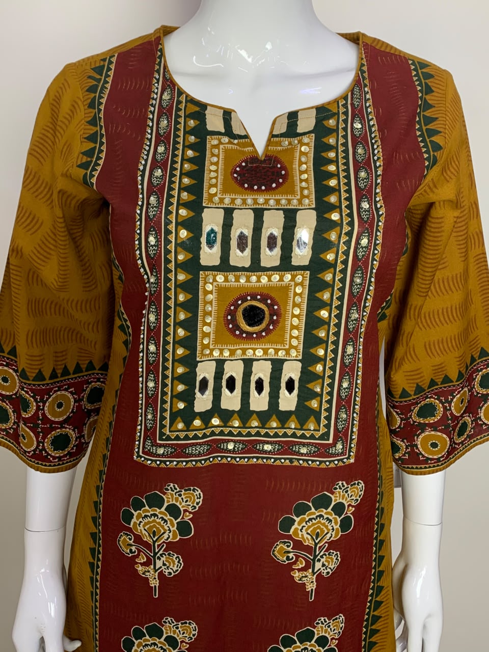 Mustard Pure Cotton A-Line Suit with Mirror Work & Printed Dupatta
