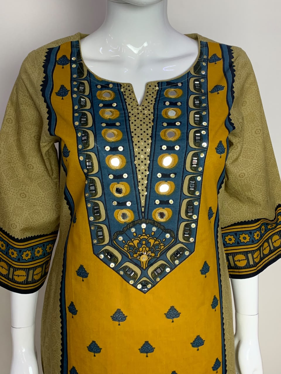 Beige Pure Cotton Pakistani-Style A-Line Suit with Mirror Work & Printed Dupatta