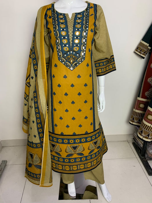 Beige Pure Cotton Pakistani-Style A-Line Suit with Mirror Work & Printed Dupatta