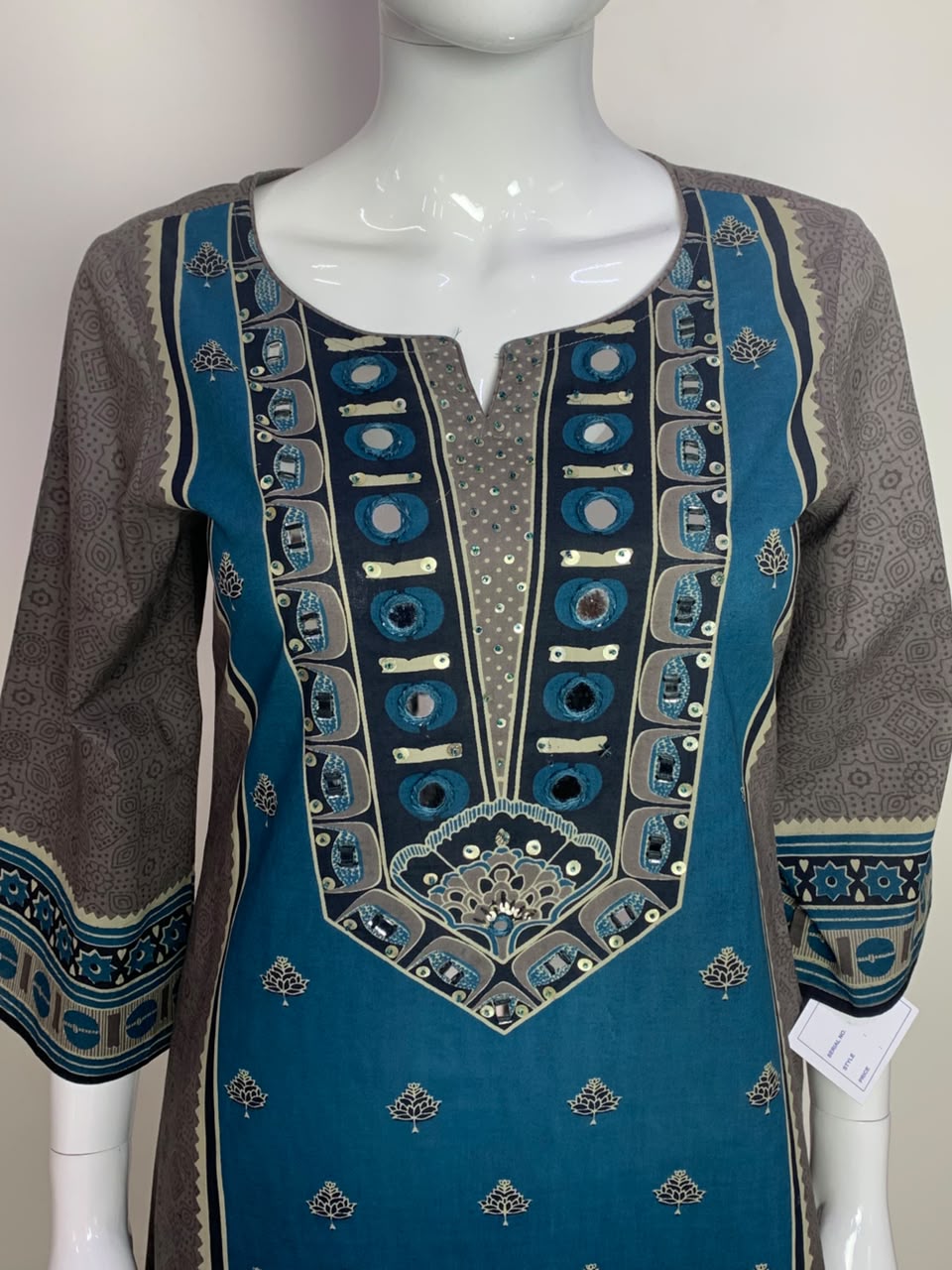 Grey Pure Cotton A-Line Suit with Mirror Work & Printed Dupatta