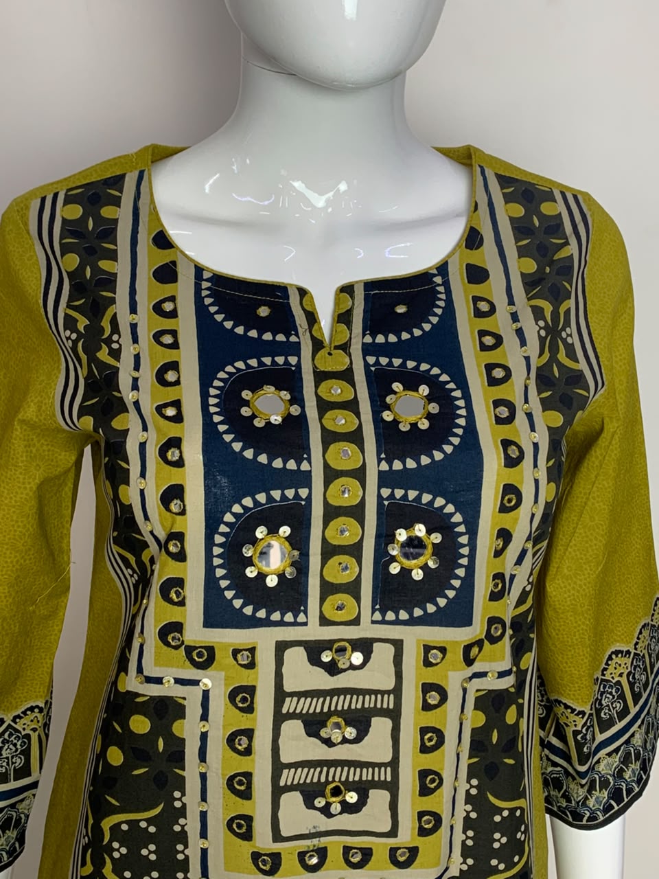 Green Pure Cotton A-Line Suit with Mirror Work & Dupatta