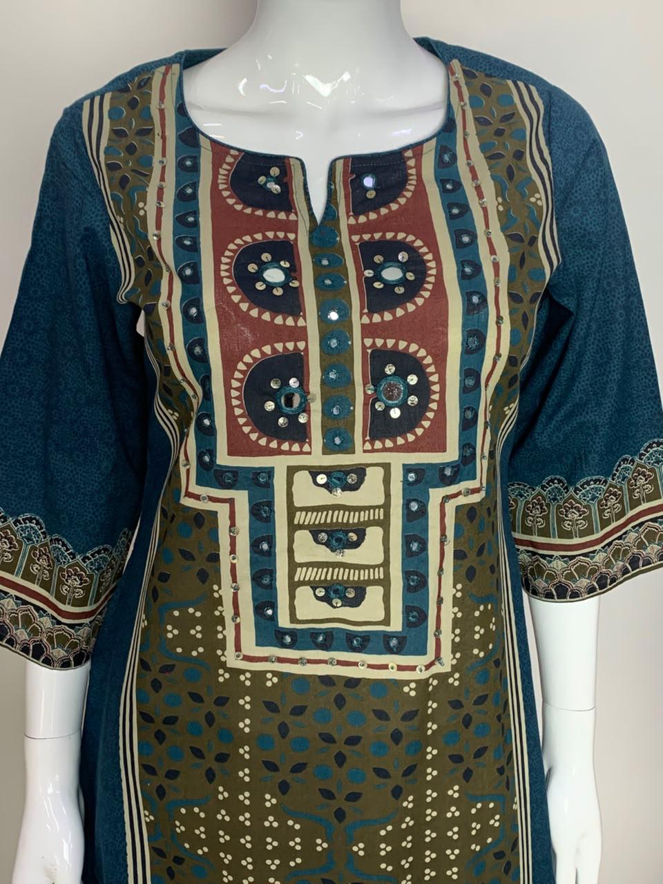 T-Blue Pure Cotton A-Line Suit with Mirror Work & Printed Dupatta