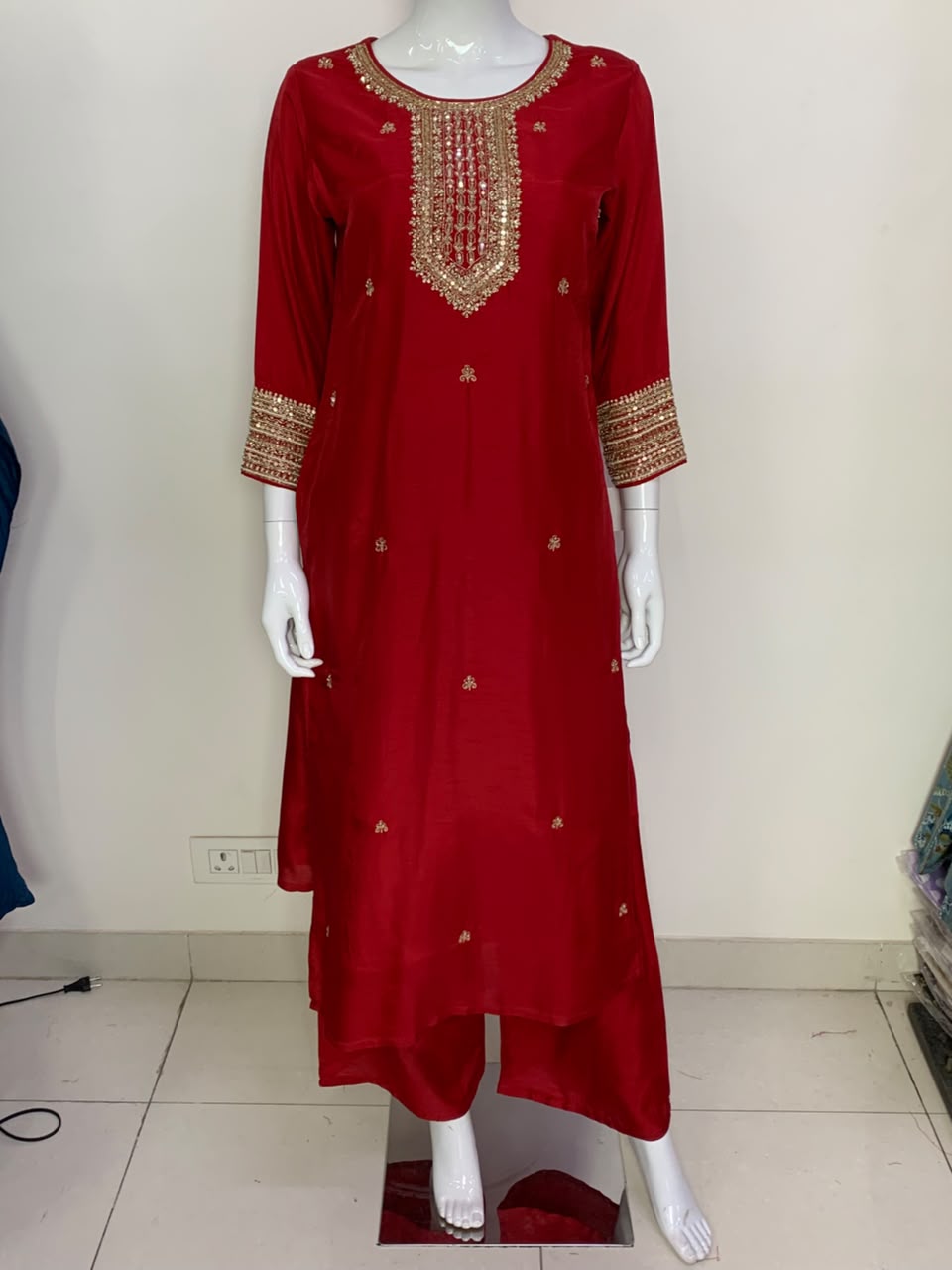 Magenta,Blue & Red Dola Silk Festive Straight Suit with Hand Embroidery & Organza Cutwork Dupatta