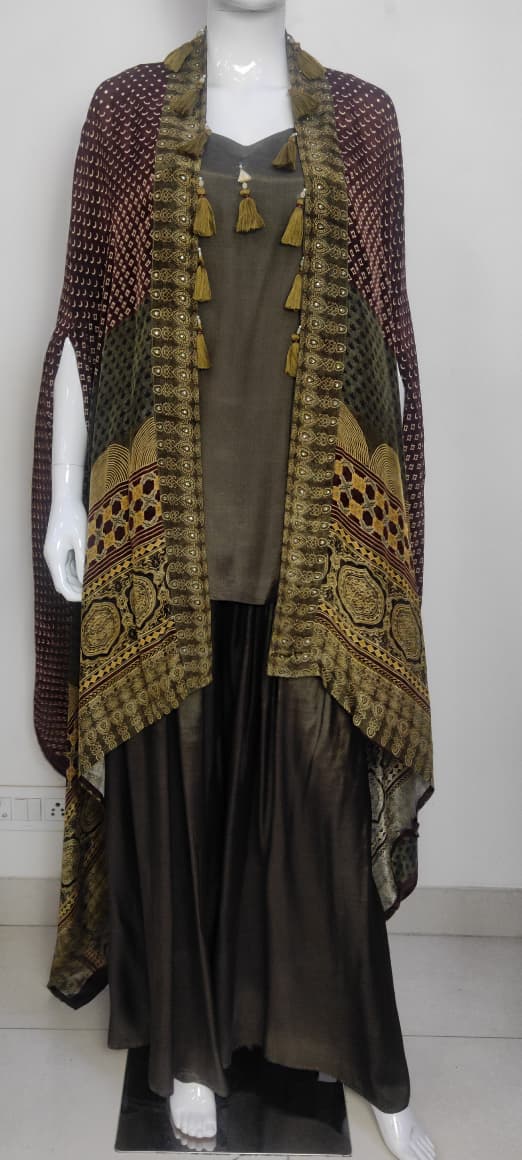 Green & Mehndi Pure Crape Ajrakh Print Indo-Western Dress with Cape Jacket