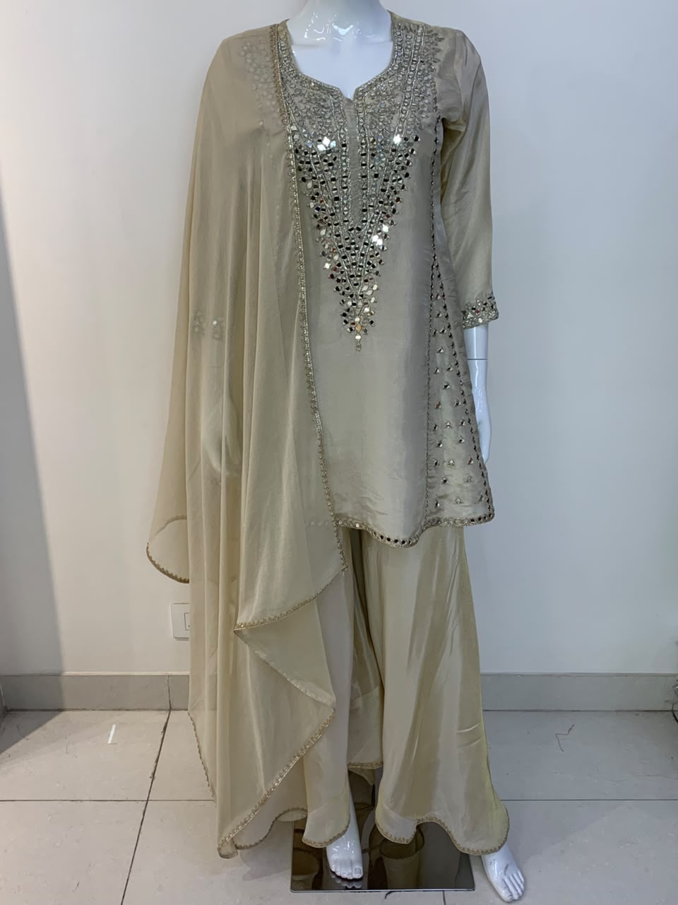 Green, Rust & Off-White Ivory Shimmer Tissue A-Line Anarkali Suit with Sharara & Dupatta