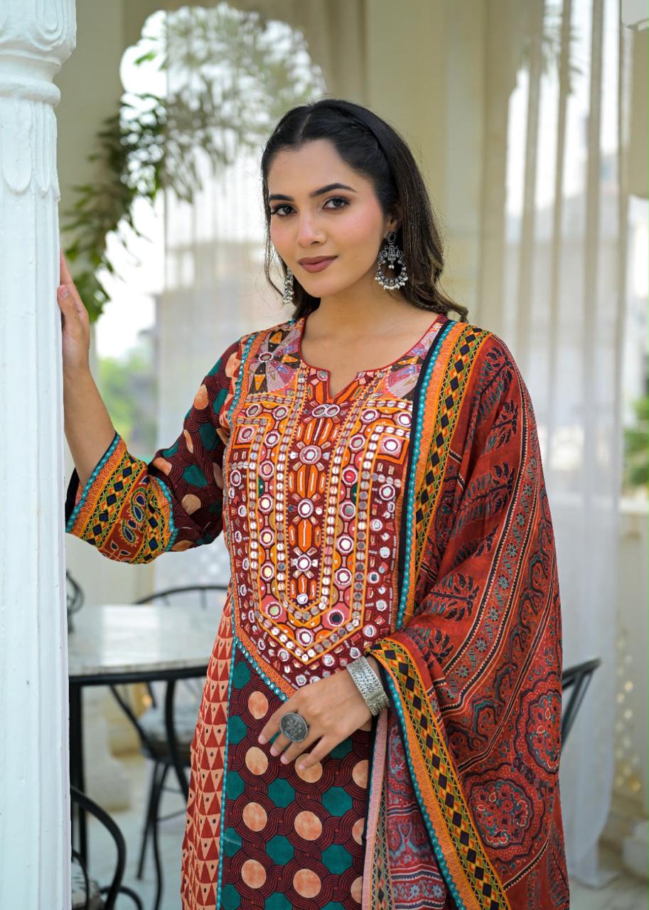 Rust Pure Crepe Digital Print Suit with Mirror Work, Straight Matching Trouser & Chinon Dupatta