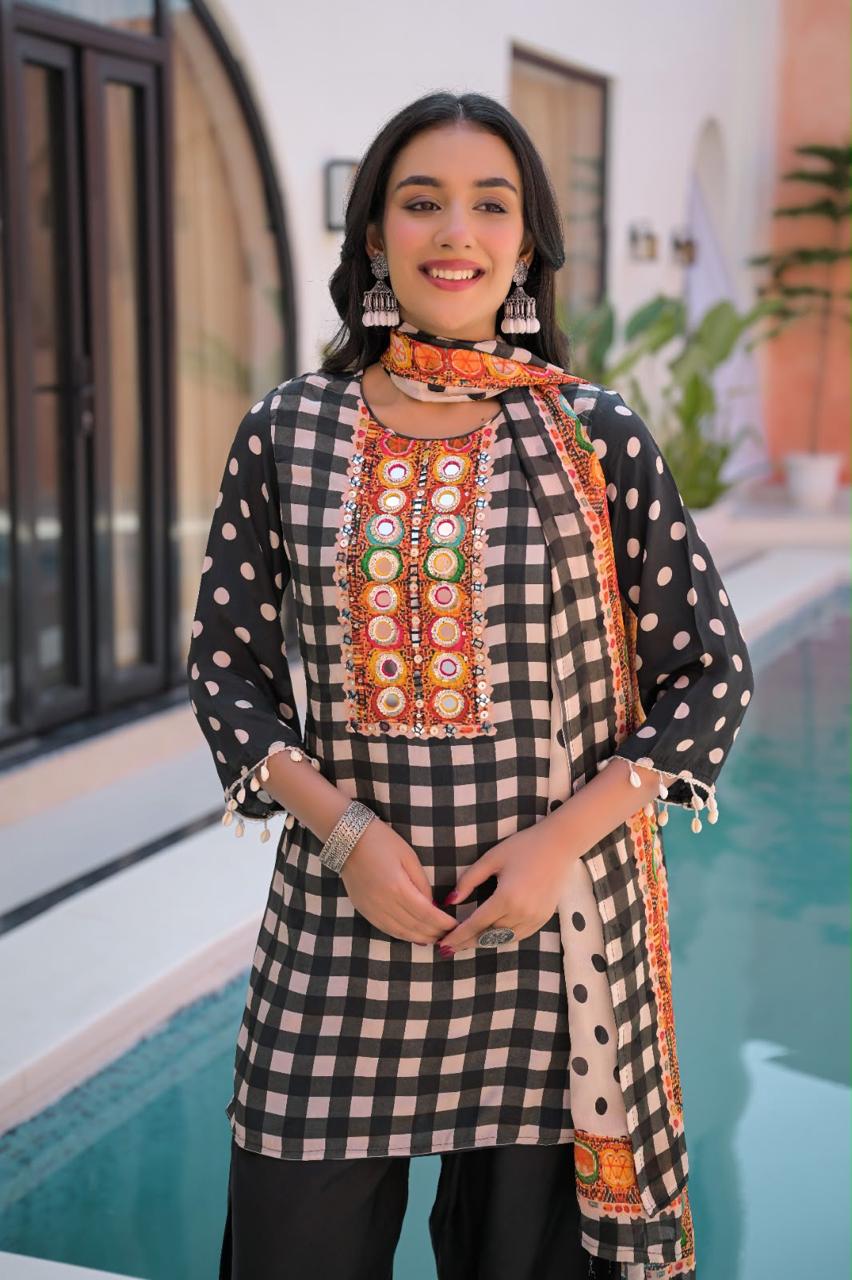 Black Pure Crepe Digital Print Suit with Mirror Work & Farshi Salwaar