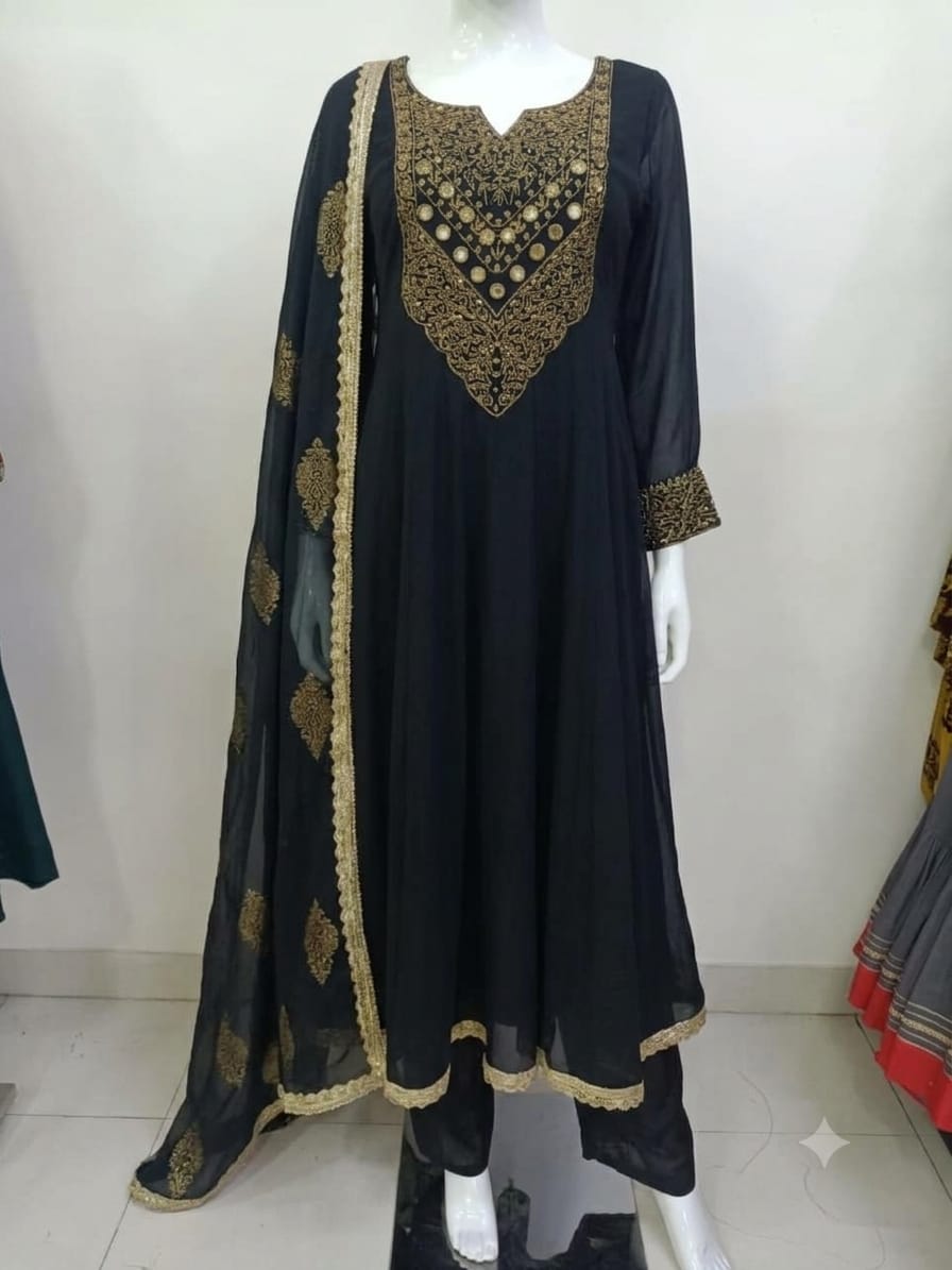 Majenta & Black Pure Chinon Anarkali Suit with Zari & Mirror Work and Organza Dupatta