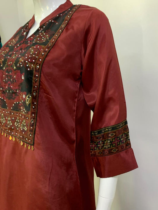 Maroon Pure Crepe Digital Print Co-ord Set with Stone Work