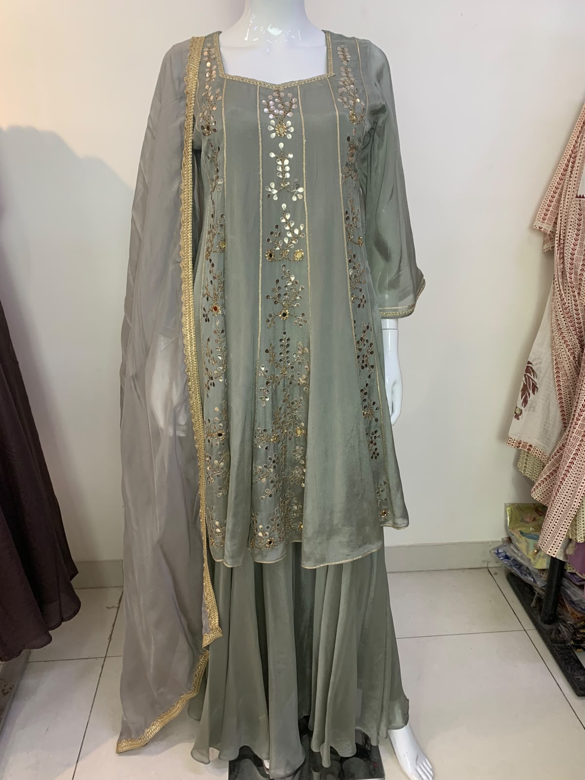 Mouse Pure Chinon Short Anarkali Suit with Sharara & Organza Dupatta