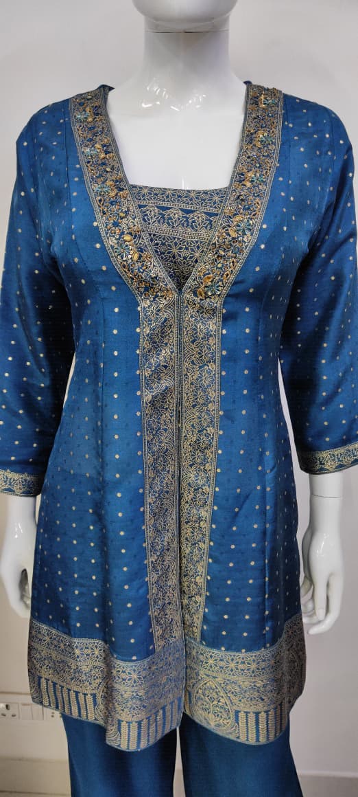 Blue Dola Silk Bustier Top & Jacket Co-ord Set with Jacquard Borders. (Design no. 12225)