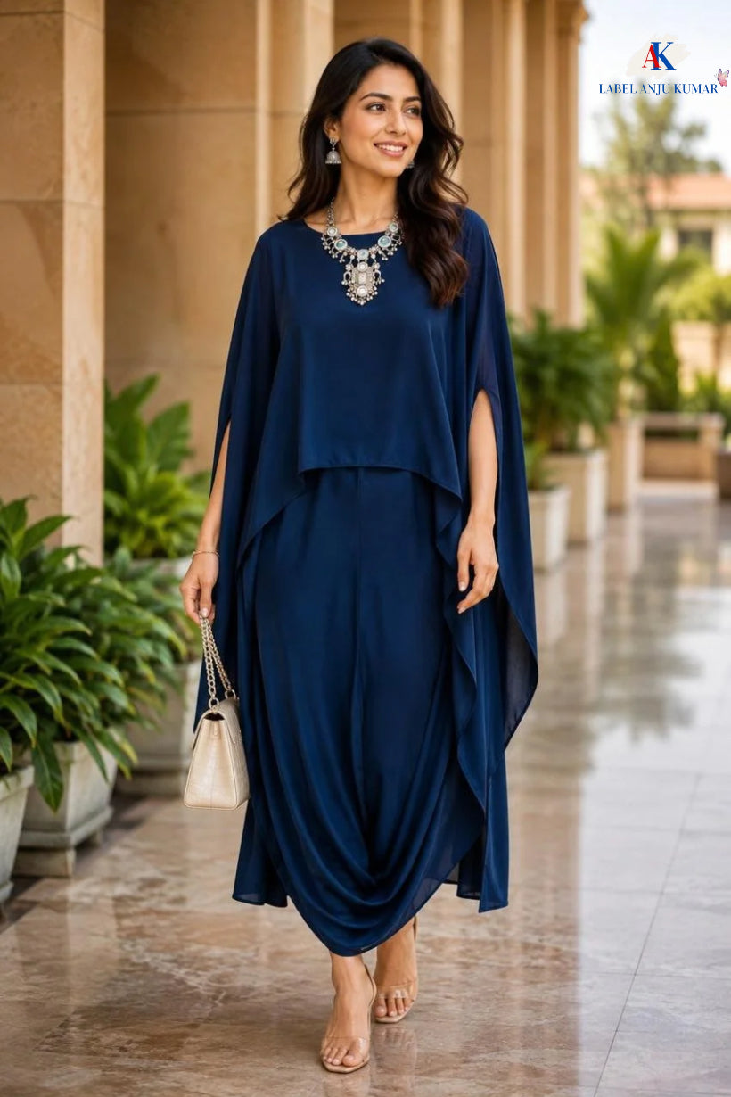 Black,Blue and Green Pure Natural Crape Indo-Western One-Piece Dress for Women | Semi Formal Party Wear