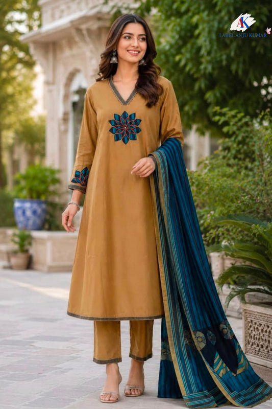 Black Pure Muslin V-Neck Suit with Patchwork & Printed Dupatta