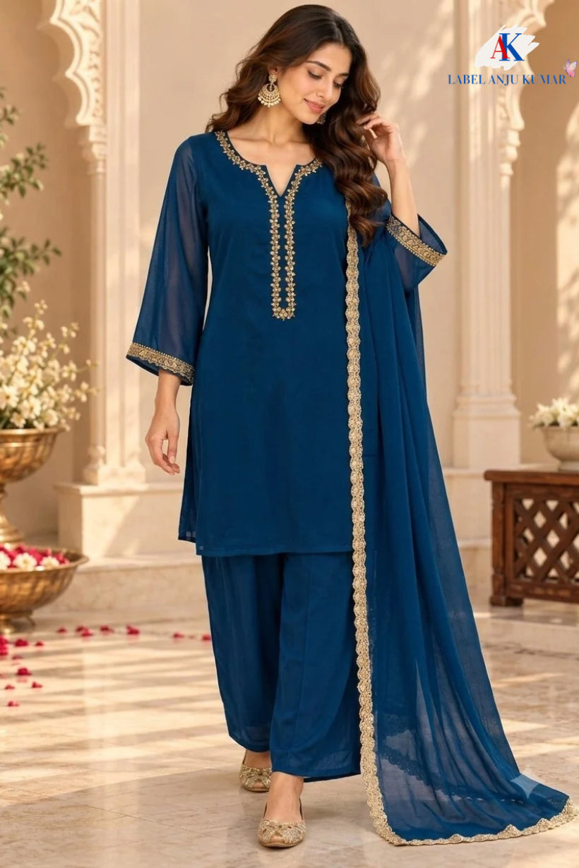Magenta, Maroon & Blue Pure Chinon Short Length Party Wear Suit with Embroidered Neck & Lace Dupatta