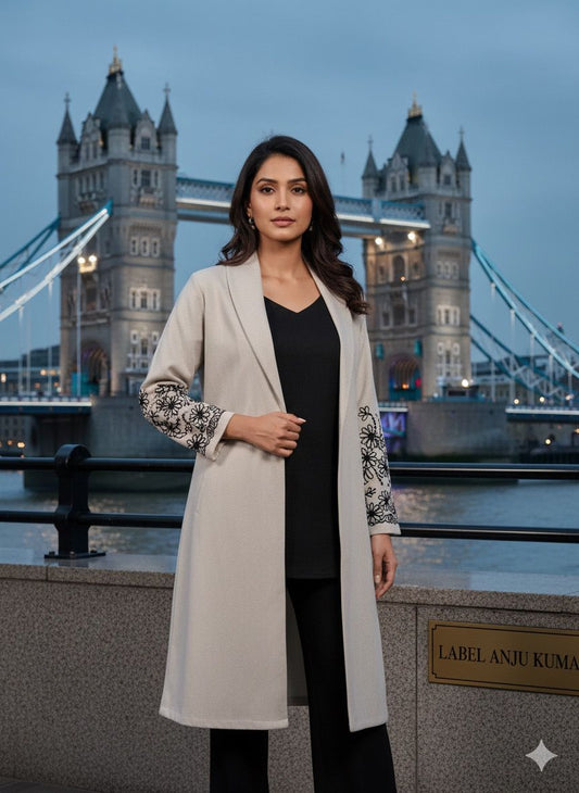 Cream Woollen 3-Piece Winter Set with Tweed Handwork Jacket – Women’s Ethnic Wear