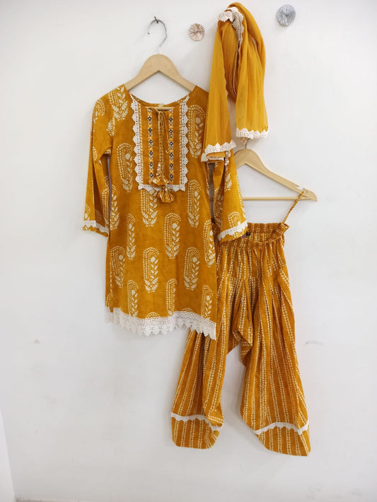 Mustard Yellow Pure Handloom Cotton Farshi Salwar Suit Set for Girls | 7–18 Years