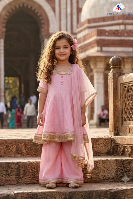 Green, Baby Pink & Cream Pure Chinnon Anarkali Suit for Girls with Lace Detailing & Net Dupatta