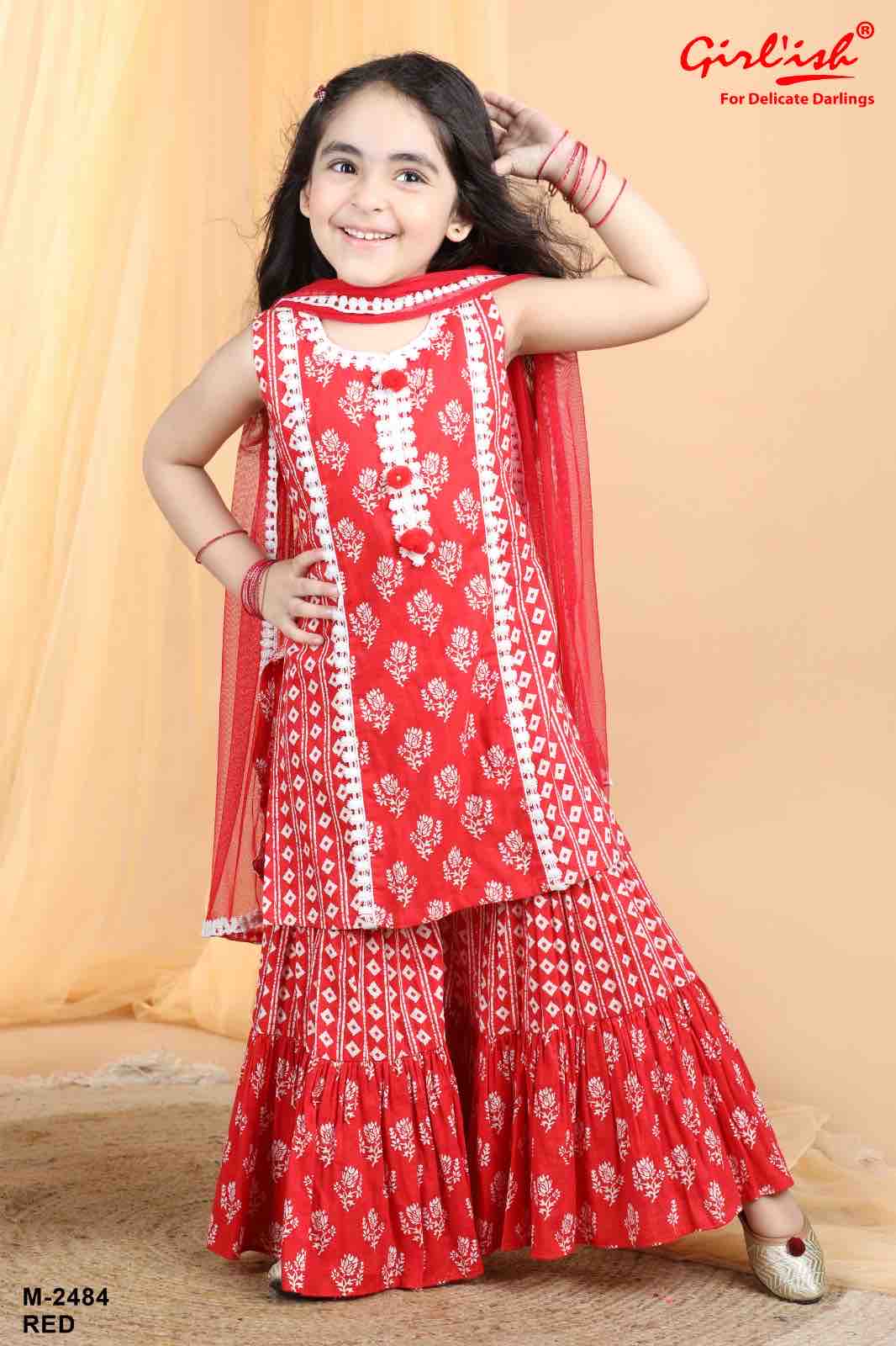 Red Cotton Printed Sharara Suit with Dupatta – Kids Ethnic Summer Wear | Label Anju Kumar