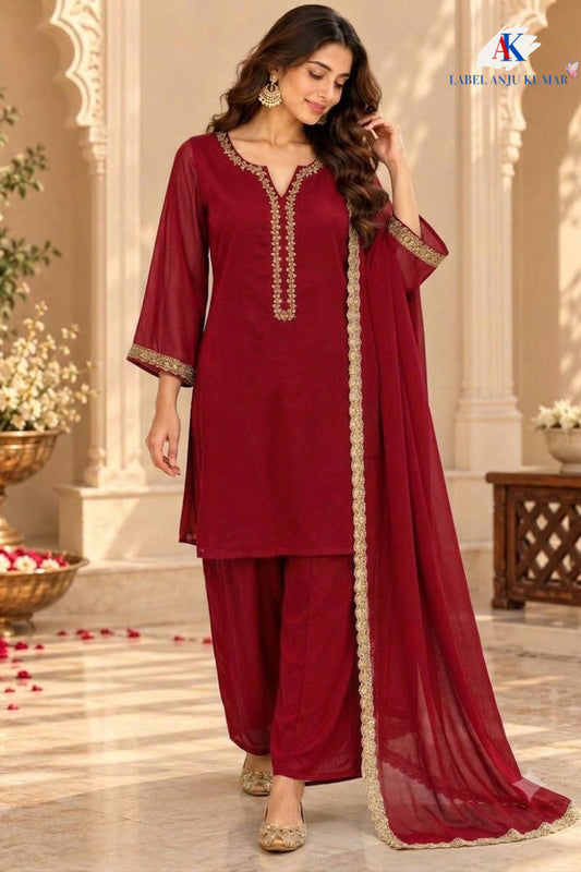Magenta, Maroon & Blue Pure Chinon Short Length Party Wear Suit with Embroidered Neck & Lace Dupatta