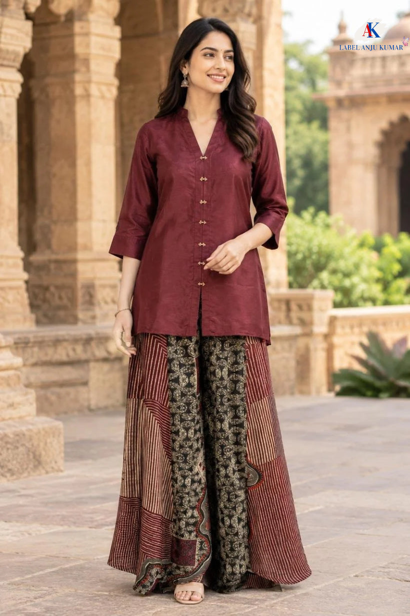 Maroon Pure Crepe Digital Print Co-ord Set with Minimal Handwork
