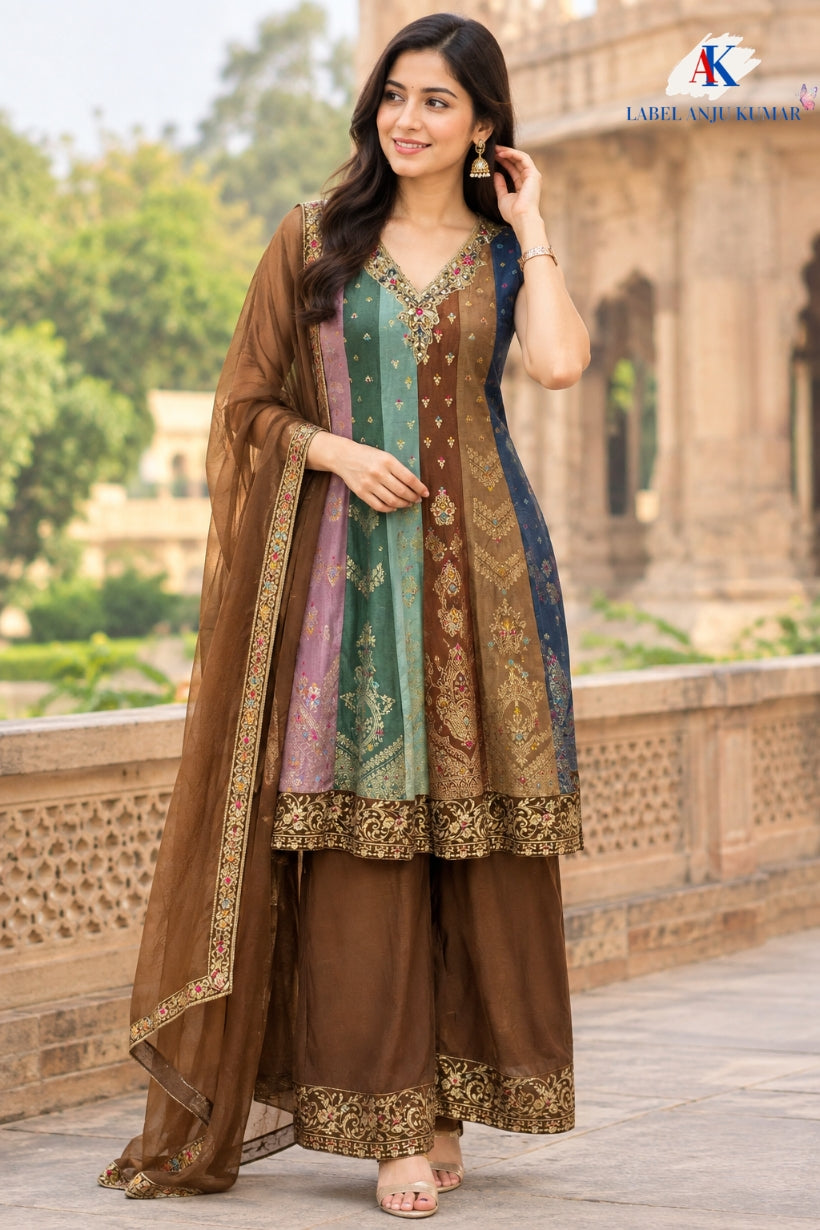 Dola Silk Banarasi Jacquard Multi-Colour Short Anarkali Suit Dupatta Set