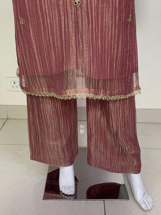Pinkish/Light Wine Salsa Tissue Semi Formal Suit Dupatta Set for Women | Handwork Neck