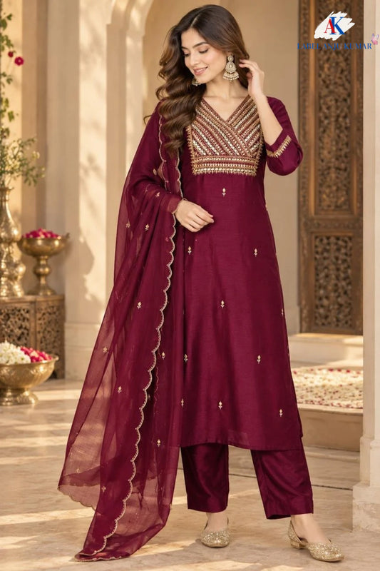 T-Blue, Wine & Brown Pure Dola Silk Semi-Formal Suit with Hand Thread & Zari Work
