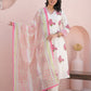 Off White Cotton A-Line Suit Dupatta Set with Pink Block Print & Thread Work | Label Anju Kumar