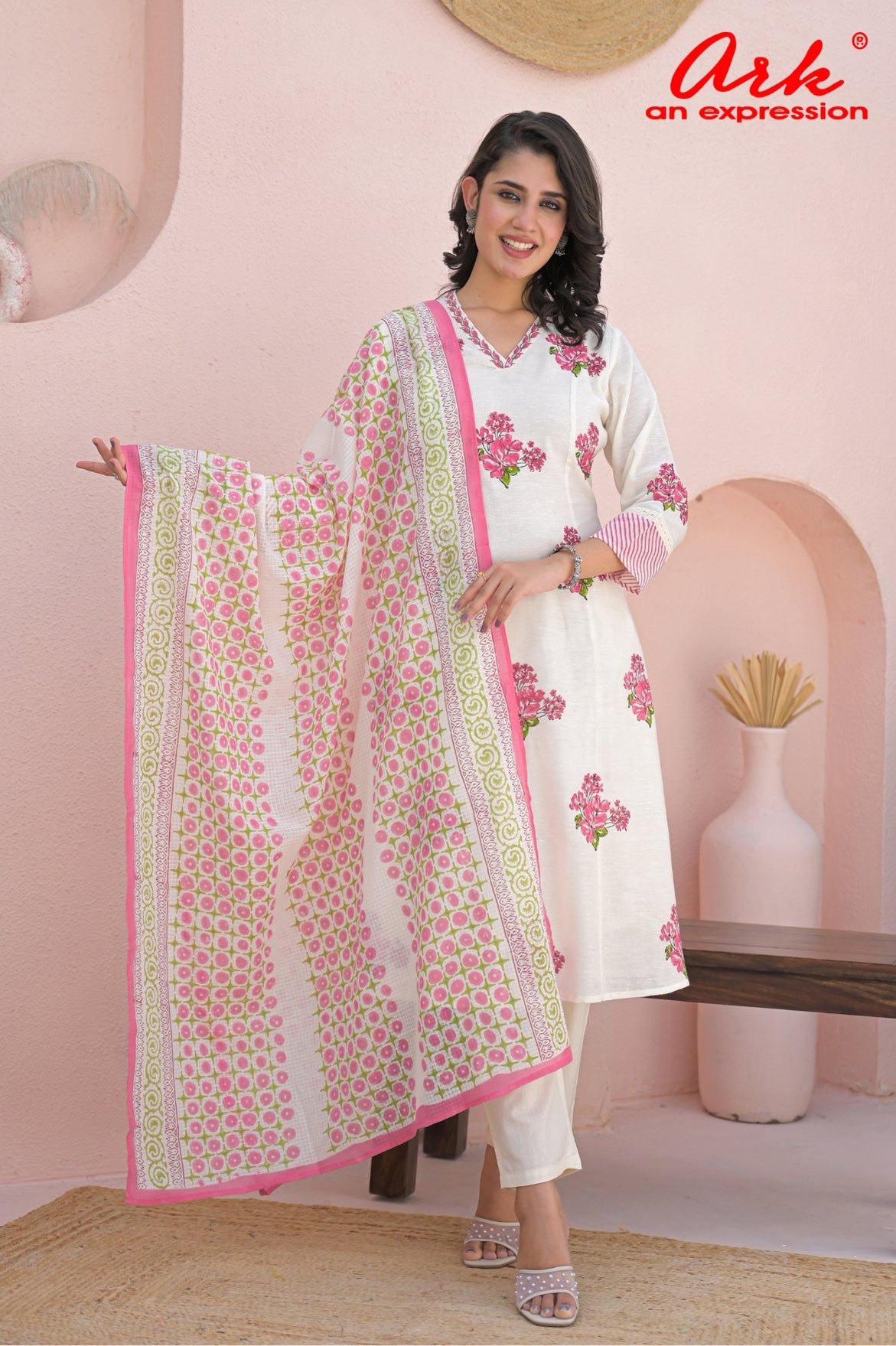 Off White Cotton A-Line Suit Dupatta Set with Pink Block Print & Thread Work | Label Anju Kumar
