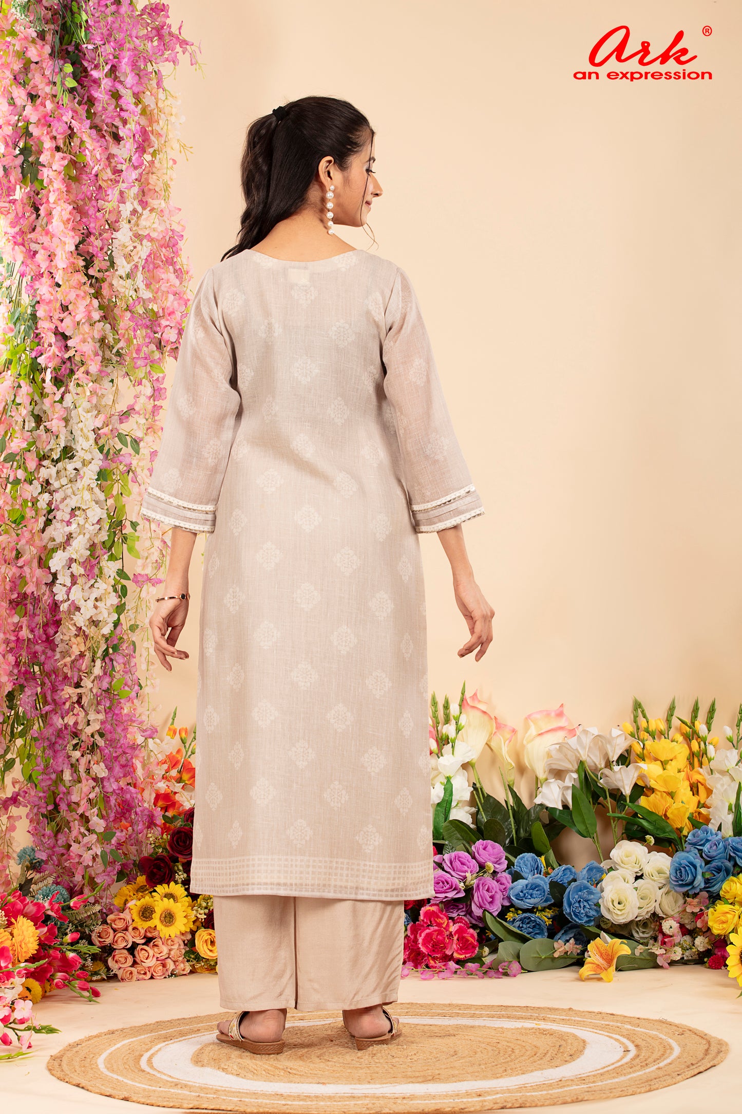 Beige Linen Digital Print Suit Dupatta Set with Lace Detailing