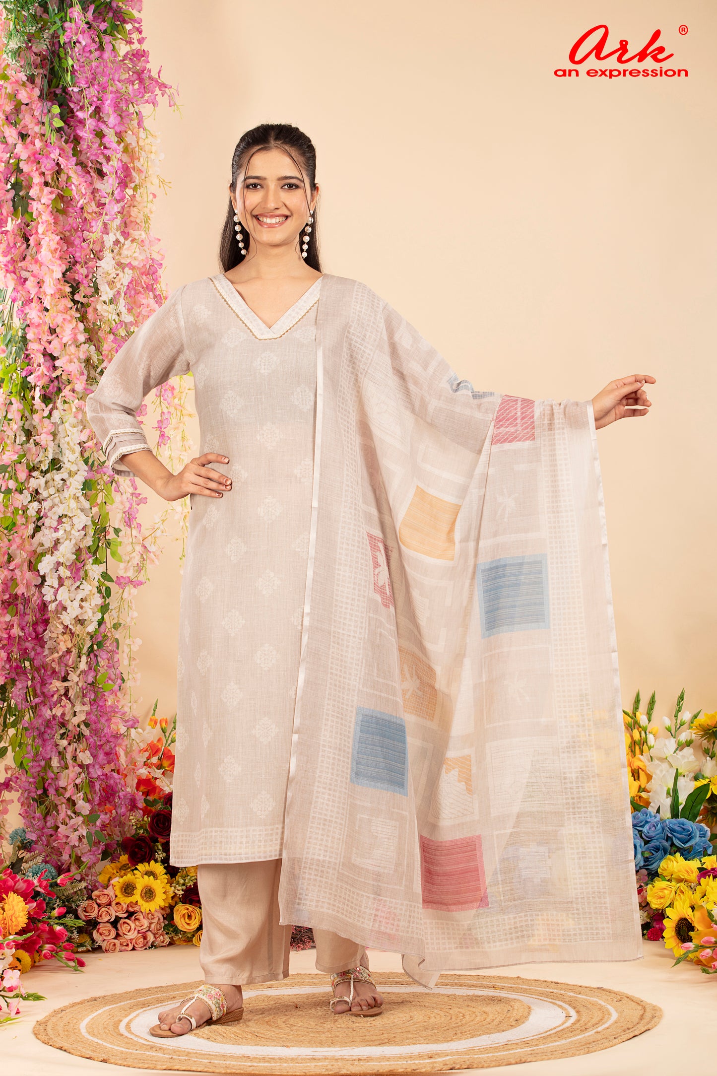 Beige Linen Digital Print Suit Dupatta Set with Lace Detailing