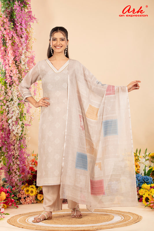 Beige Linen Digital Print Suit Dupatta Set with Lace Detailing