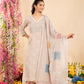 Beige Linen Digital Print Suit Dupatta Set with Lace Detailing