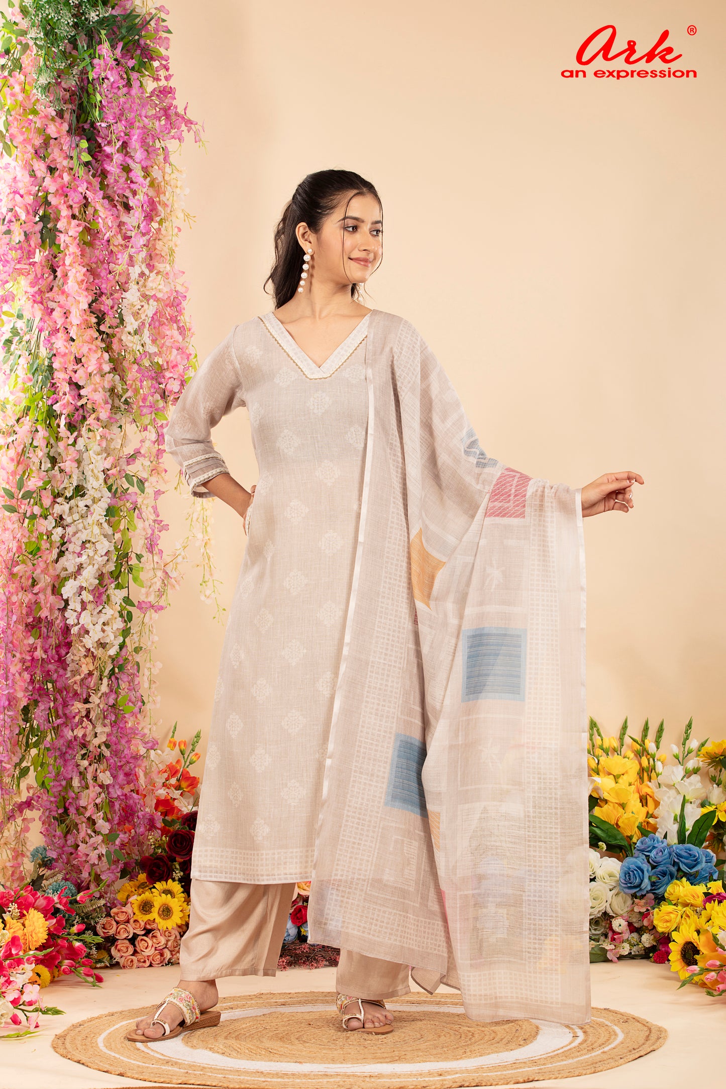 Beige Linen Digital Print Suit Dupatta Set with Lace Detailing
