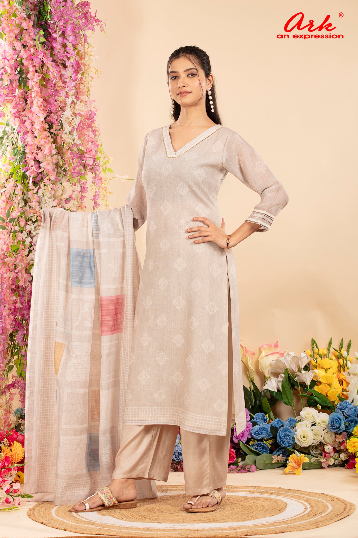 Beige Linen Digital Print Suit Dupatta Set with Lace Detailing