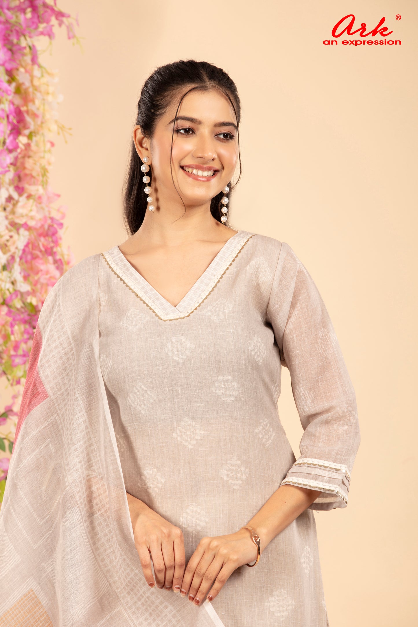 Beige Linen Digital Print Suit Dupatta Set with Lace Detailing