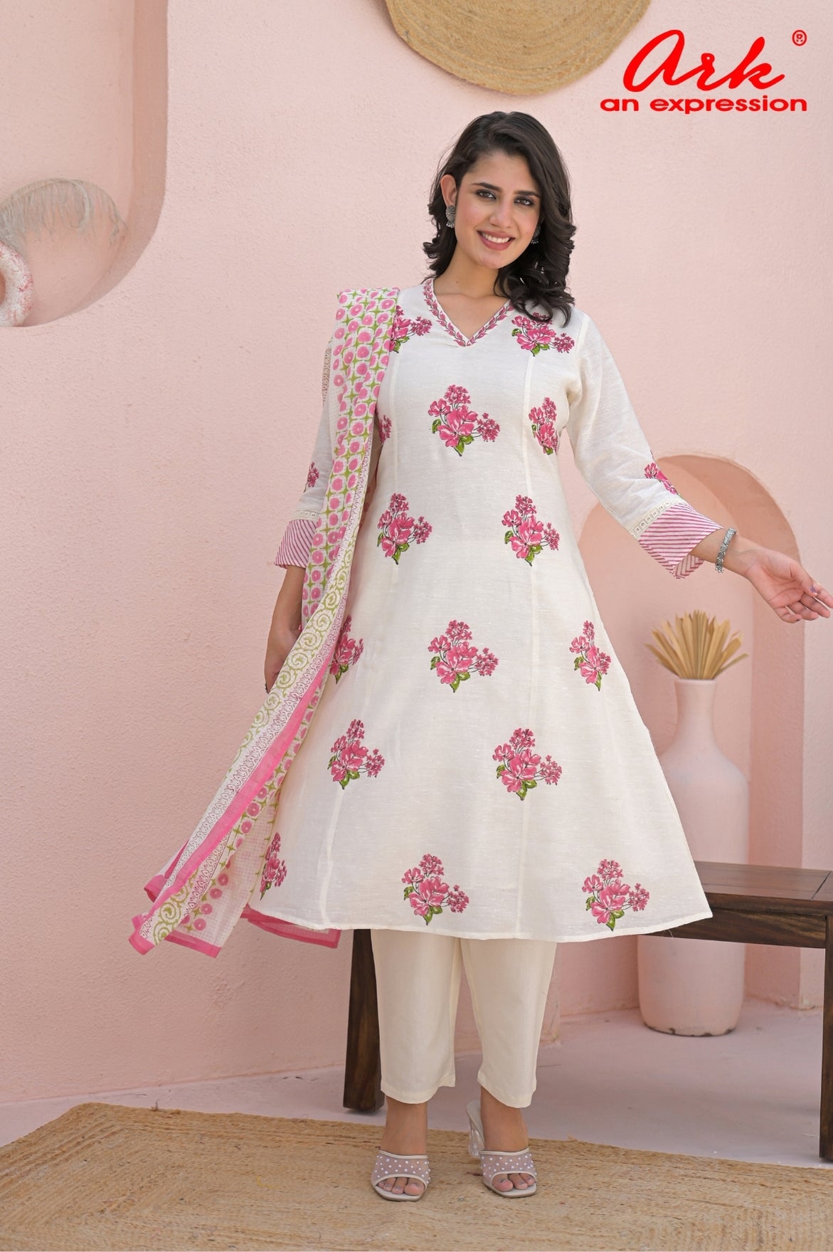 Off White Cotton A-Line Suit Dupatta Set with Pink Block Print & Thread Work | Label Anju Kumar